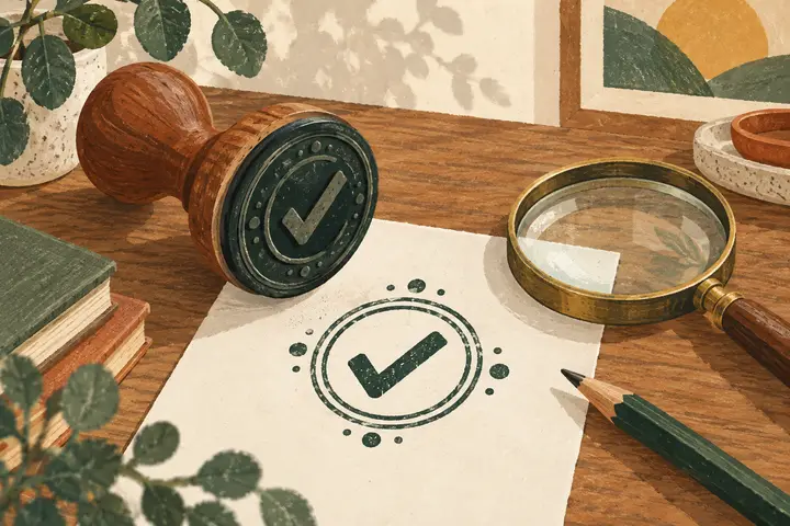 Getekend houten bureau met een rond stempel naast een verse inktafdruk met een vinkje, een koperen vergrootglas en een geslepen potlood.
