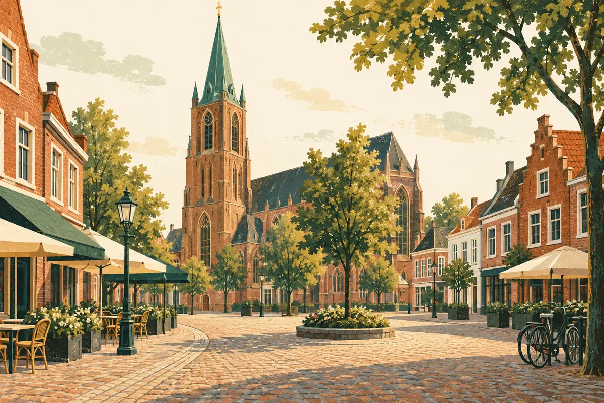 Getekend marktplein in een Nederlands stadje met een grote bakstenen kerktoren, terrassen en fietsen.