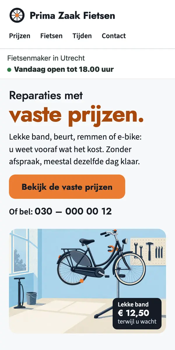 De voorbeeldwebsite van Prima Zaak Fietsen