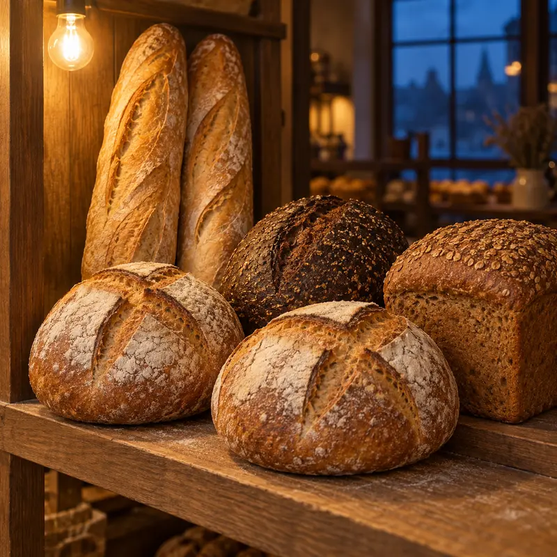 Houten plank met desembroden, een roggebrood, een volkorenbrood en twee stokbroden.