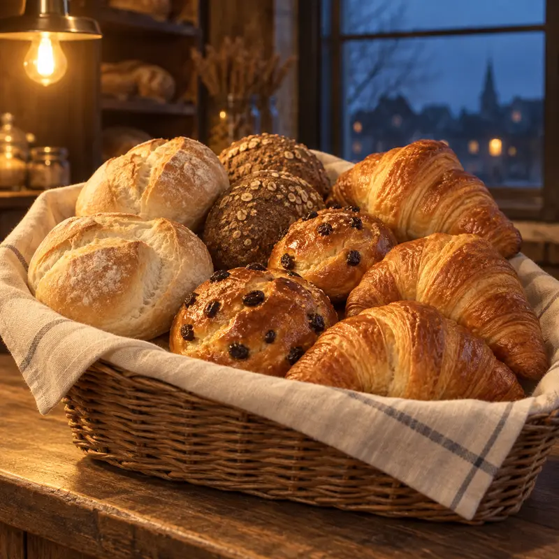 Mand met witte en bruine broodjes, krentenbollen en roomboter croissants.