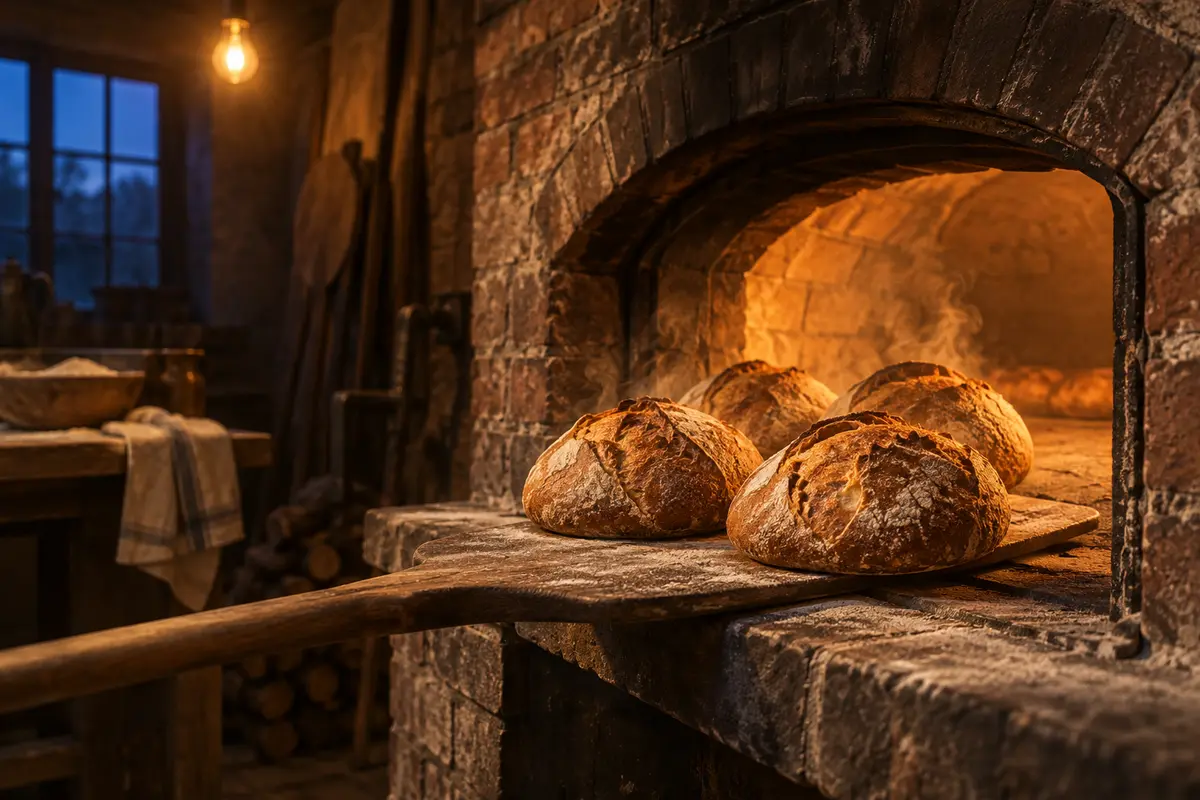 Een houten schep haalt vier ronde broden uit de stenen oven. Er komt stoom van de korsten.