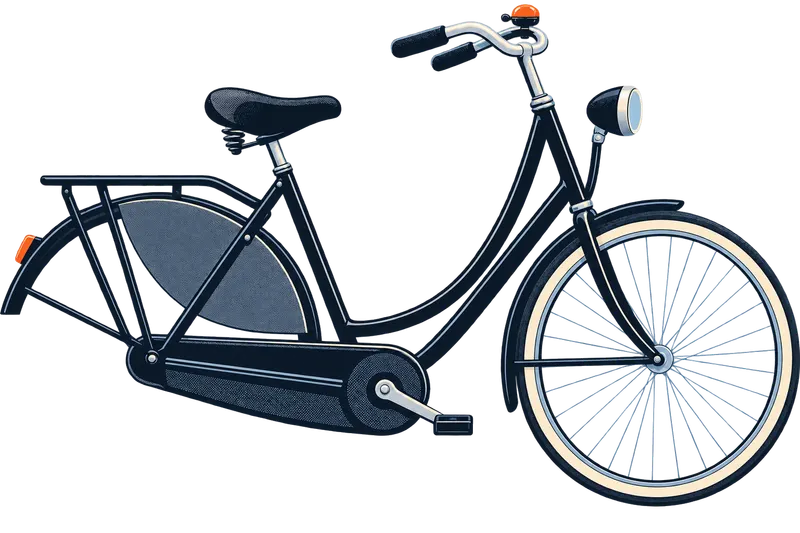 Een zwarte stadsfiets hangt in de montagestandaard; de achterband heeft een oranje plakker