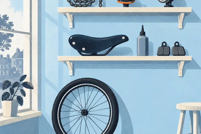 Een plank met fietsonderdelen: ketting, oranje bel, lamp, zadel, remblokjes en een wiel