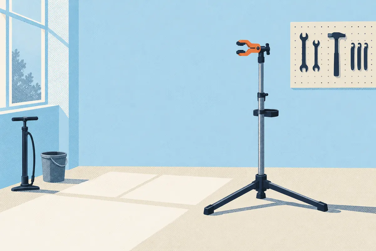 Onze lichte werkplaats: een montagestandaard met oranje klem, gereedschap aan de wand en een voetpomp bij het raam